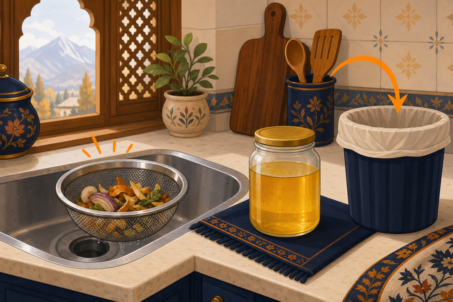Kitchen sink with a strainer catching food scraps and cooled cooking oil set aside for the bin