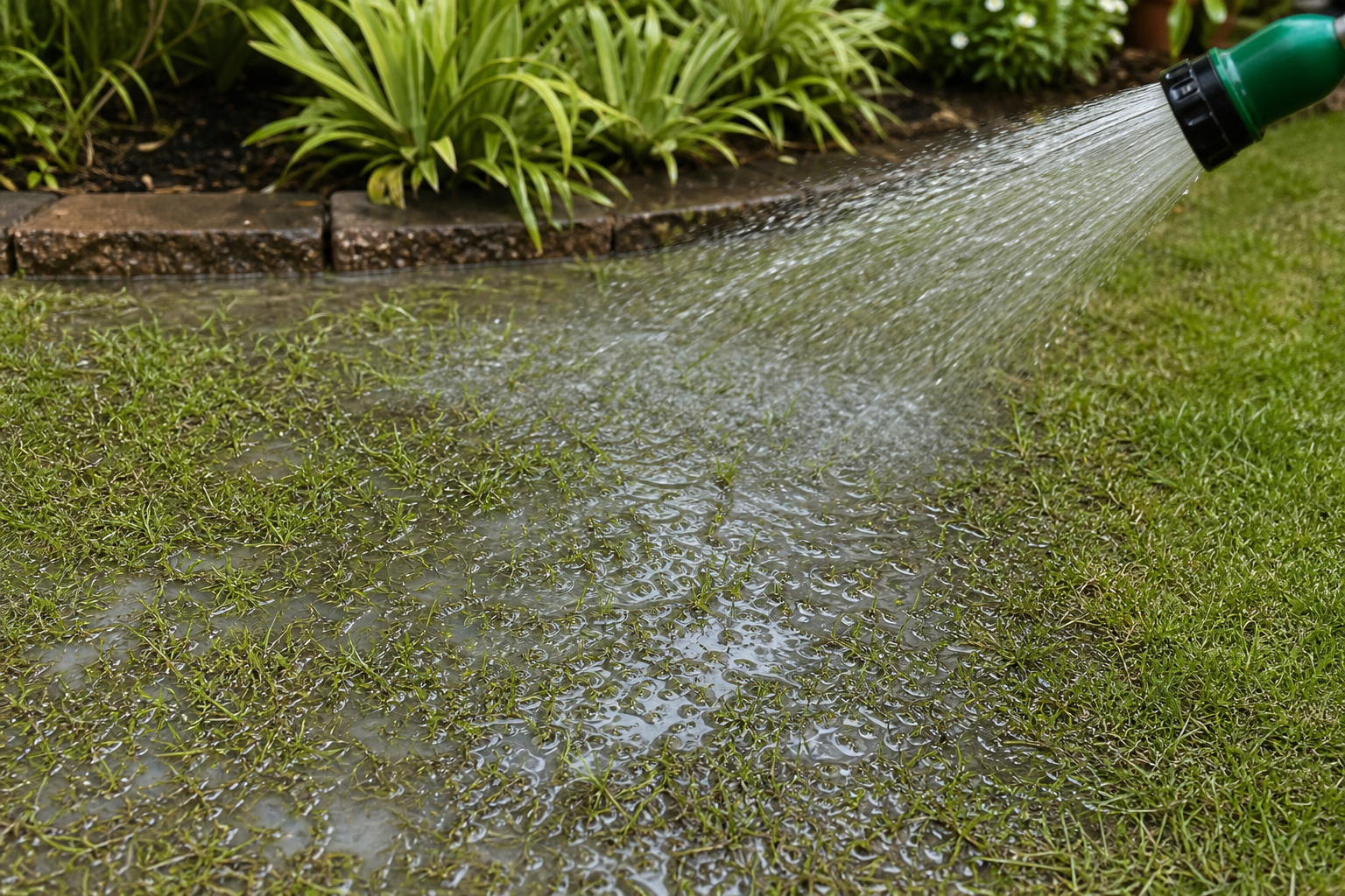 Overwatered lawn with puddling surface water