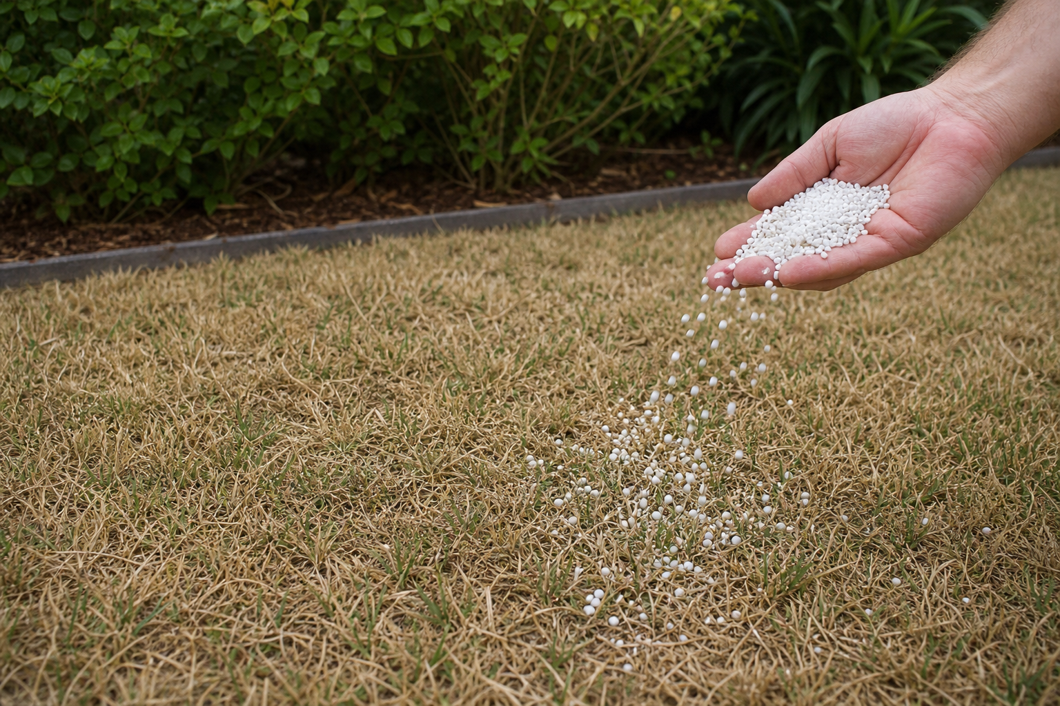 Excess fertiliser applied to dry stressed lawn