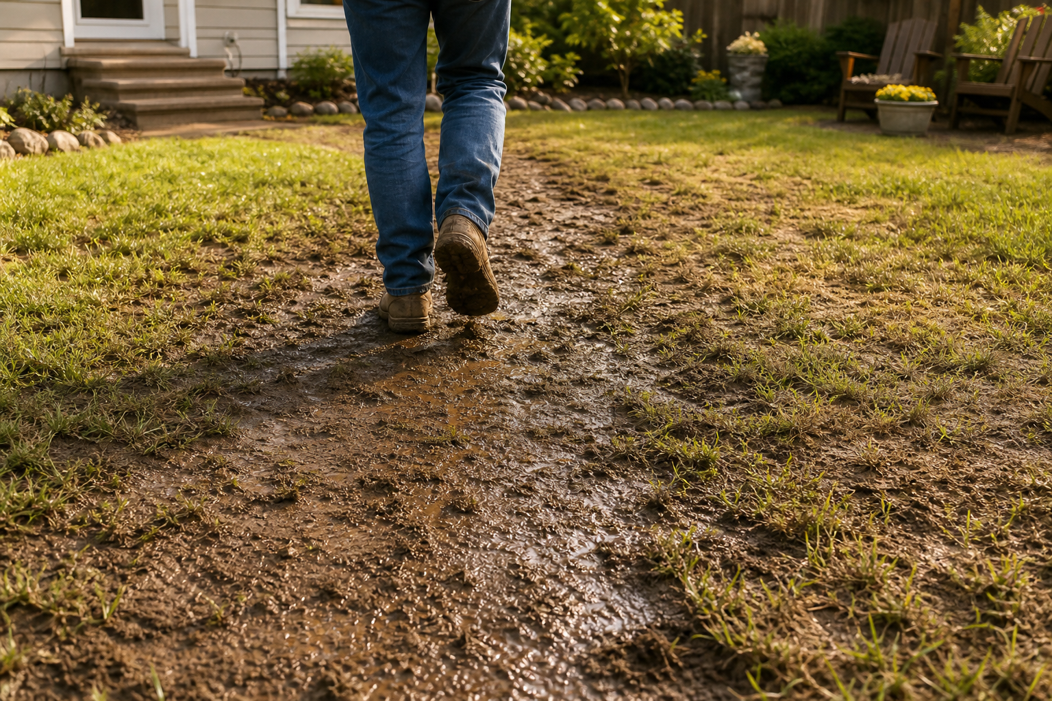 Foot traffic compacting wet lawn soil