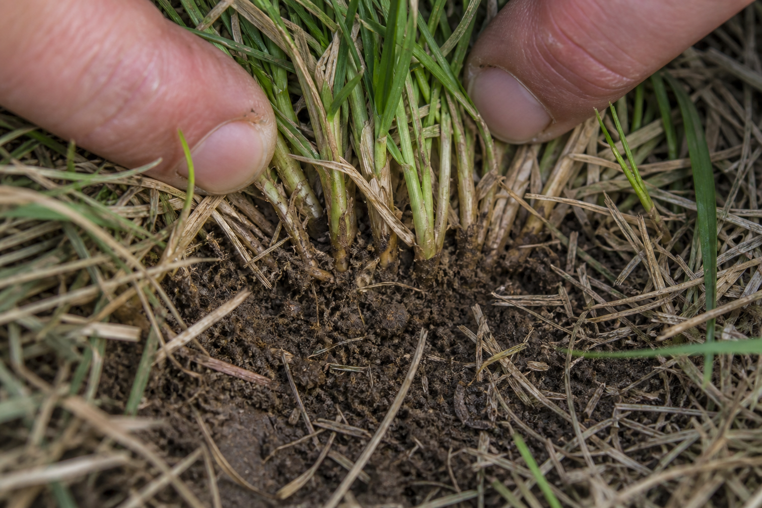 Grass crowns inspected beneath dry winter blades
