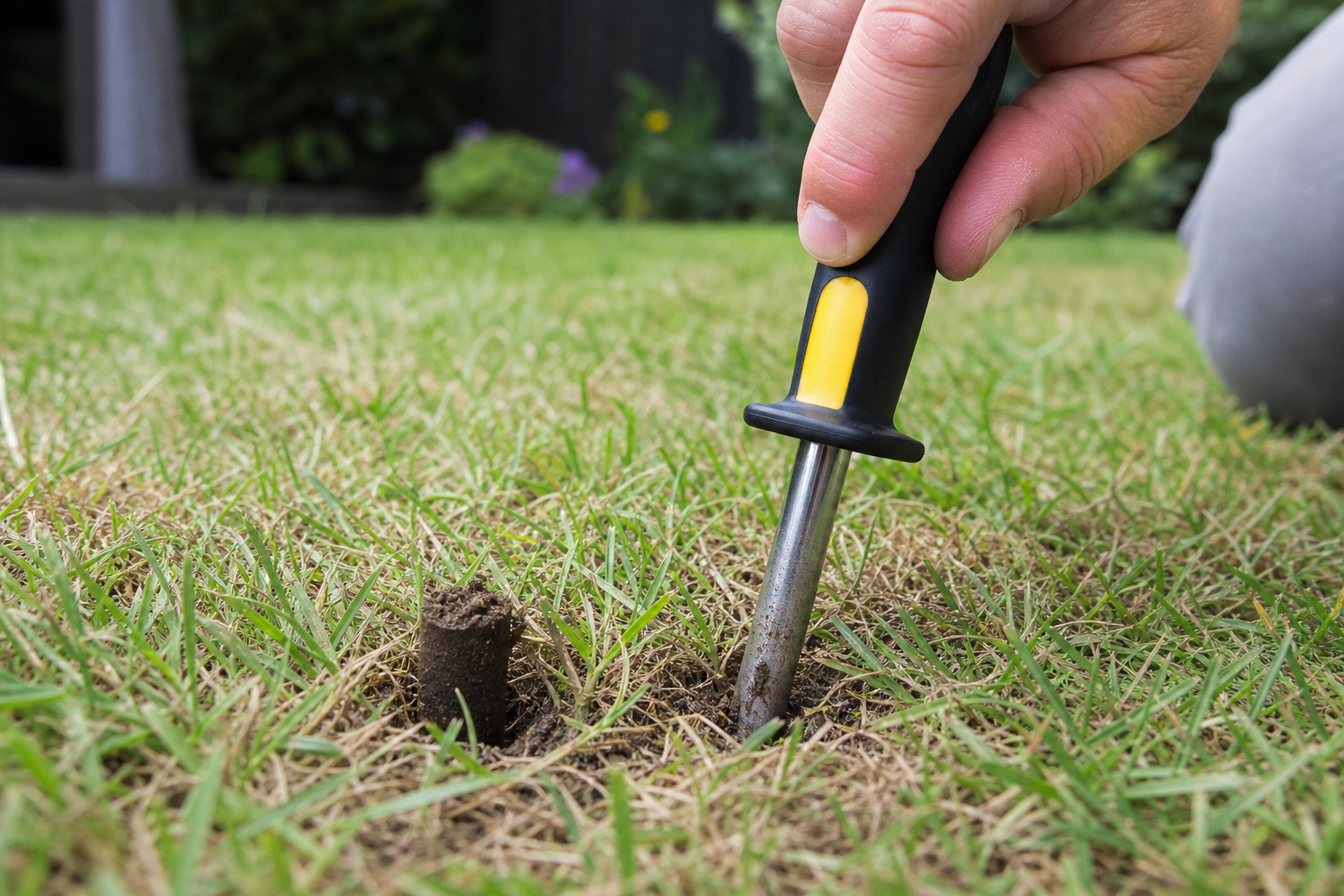 Soil probe checking a compacted lawn area