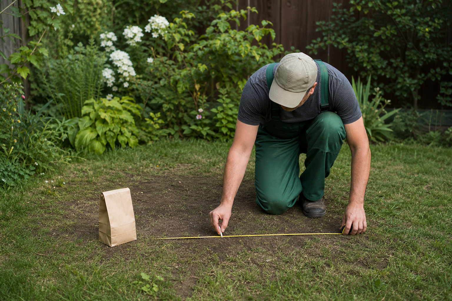 Gardener marking a small bare patch for lawn reseeding