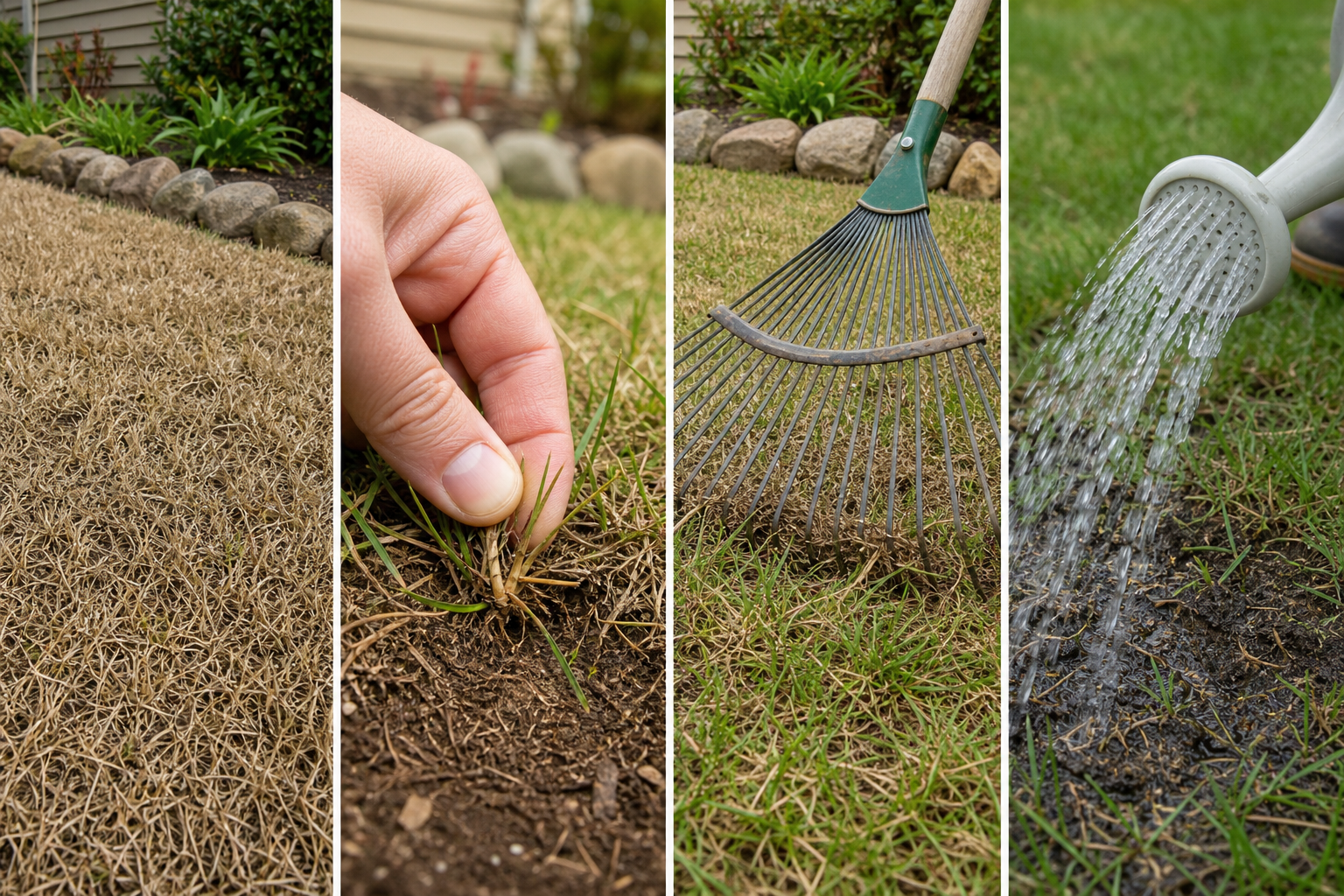 Lawn recovery steps from crown check to gentle raking and watering