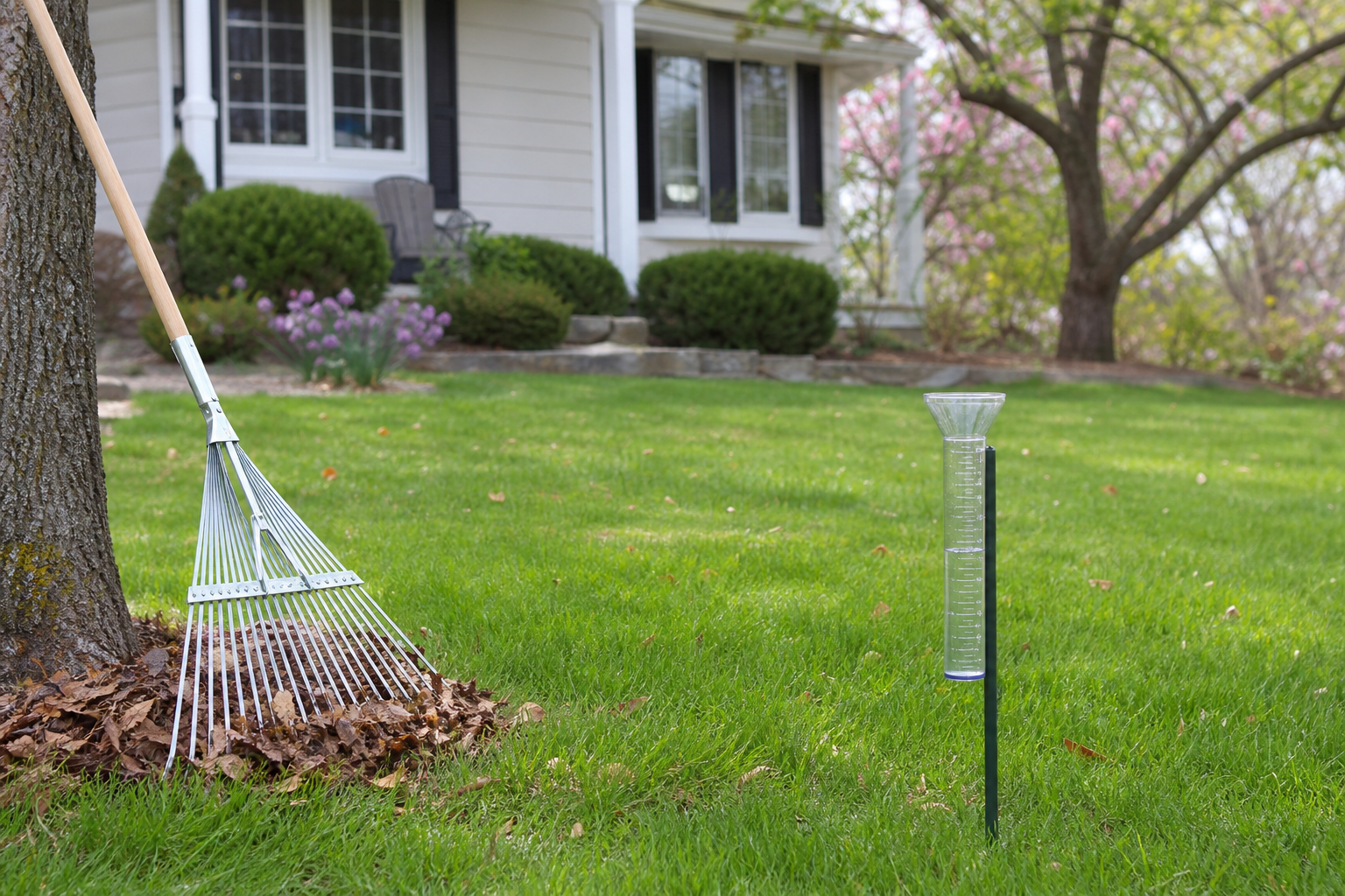 Healthy lawn with leaf rake and rain gauge for regular care