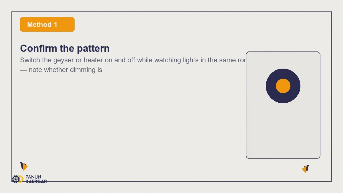 Confirm the pattern — Switch the geyser or heater on and off while watching lights in the same room and nearb...