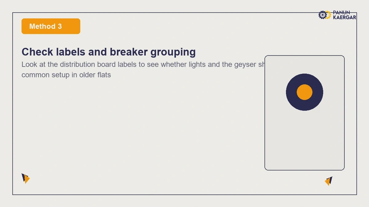 Check labels and breaker grouping — Look at the distribution board labels to see whether lights and the geyser share one MC...