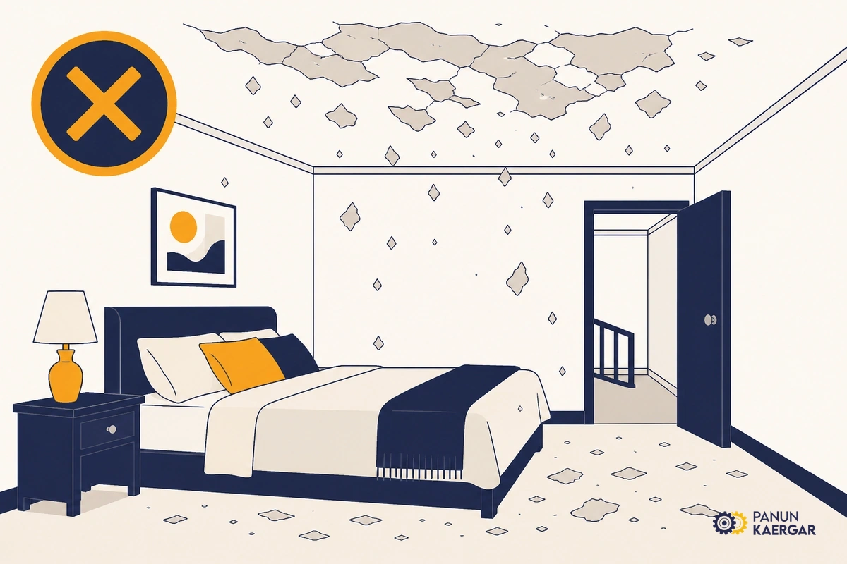 Loose ceiling plaster flakes above bed with no containment below