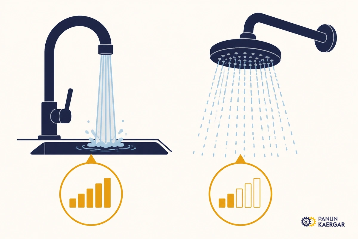 Compare two fixtures — Test the kitchen and bathroom; one weak point suggests a local clog, every point weak s...