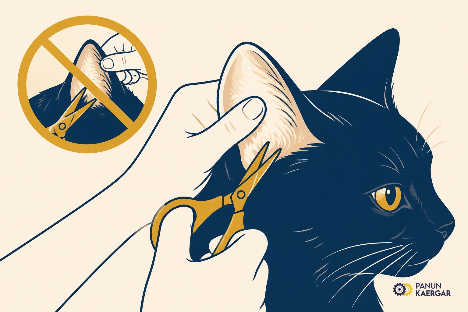 Scissors cutting hidden mat behind cat ear close to skin