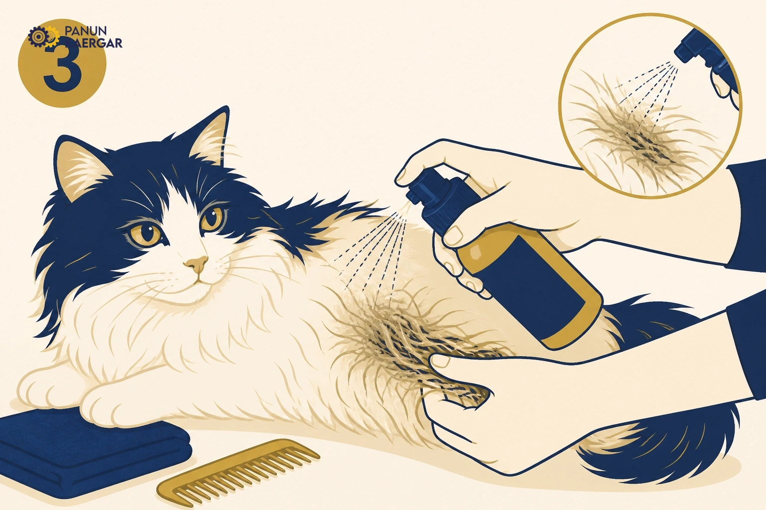 Apply pet-safe detangler — Spray lightly and rest before combing again