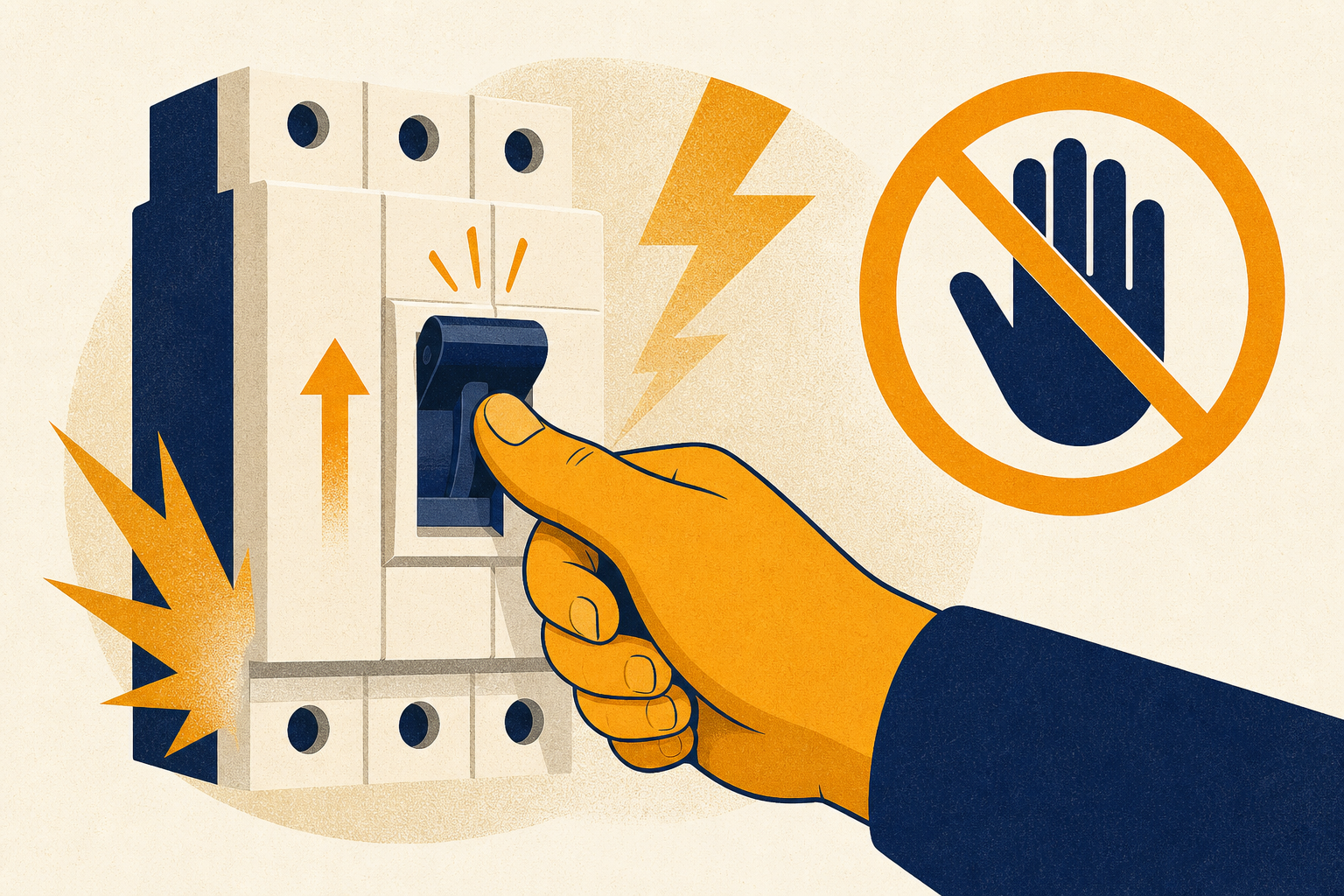 Hand forcing an MCB lever up against a trip with a stop warning