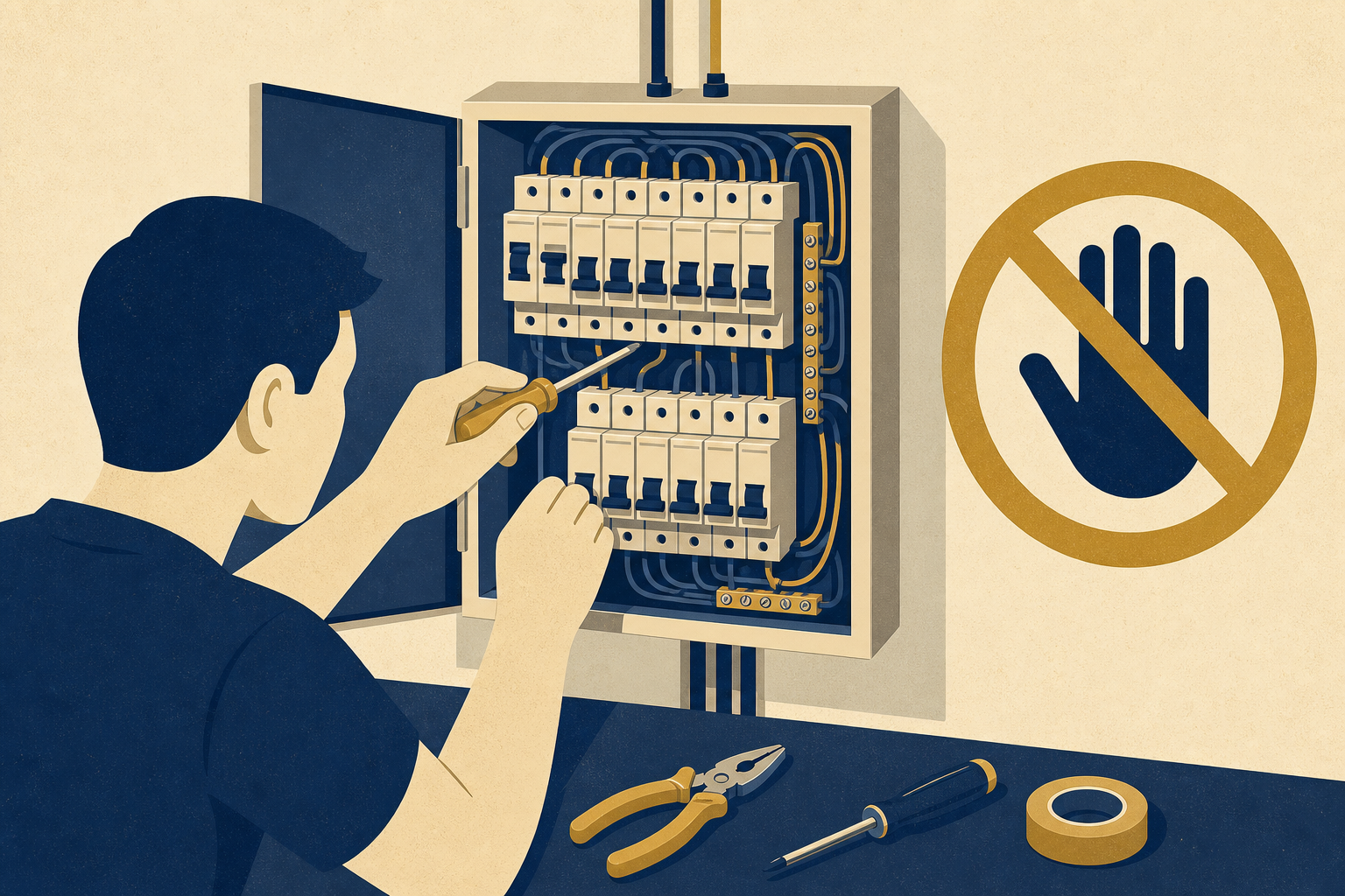 Untrained DIY opening a live distribution board marked unsafe