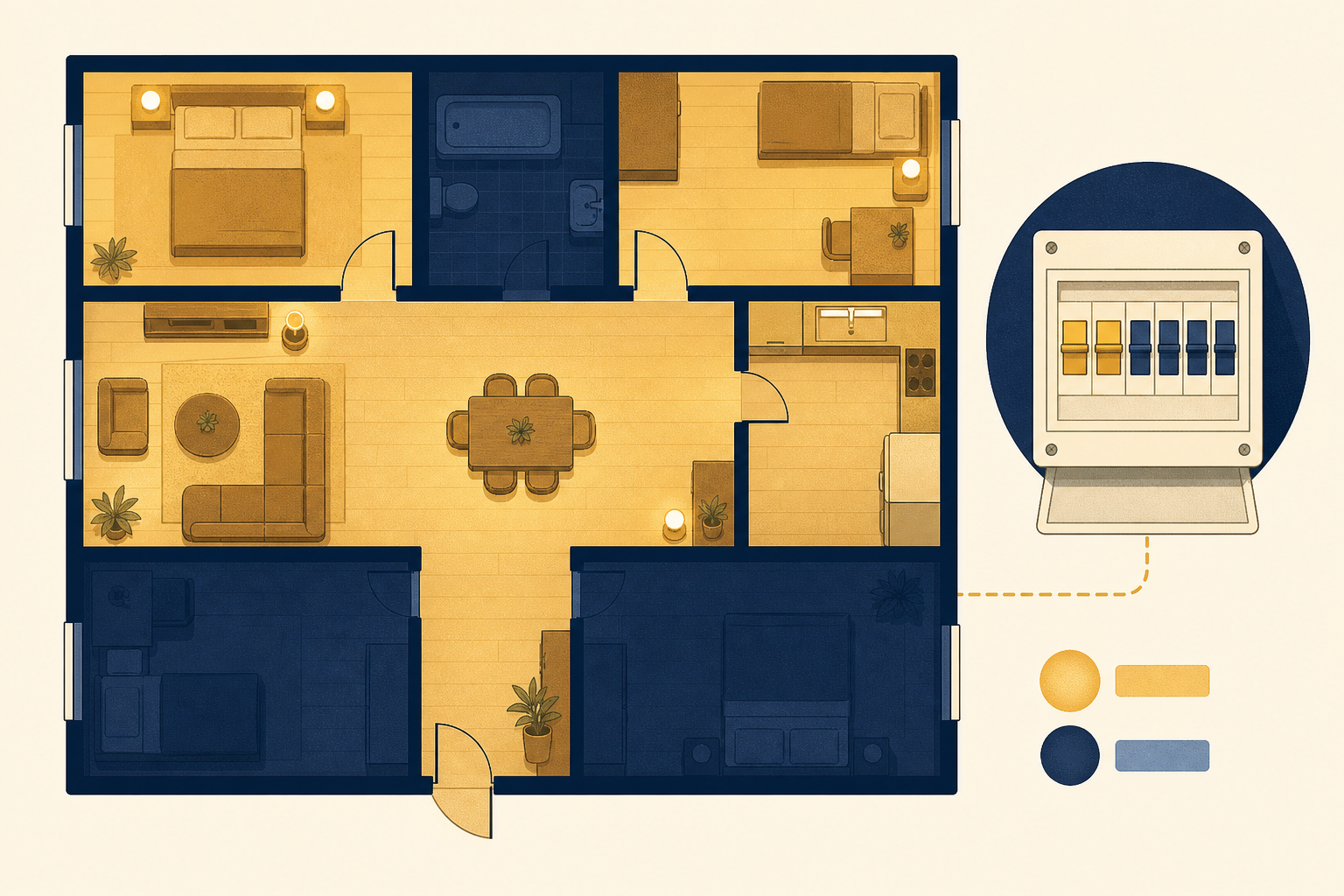 Home layout showing which rooms lost power after an MCB trip