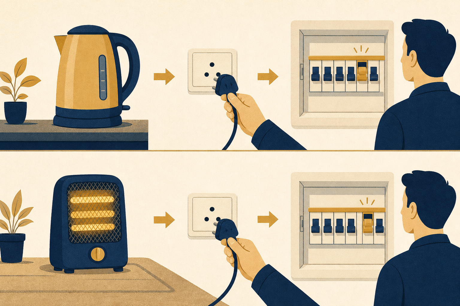 Appliances being reconnected one at a time while watching the MCB
