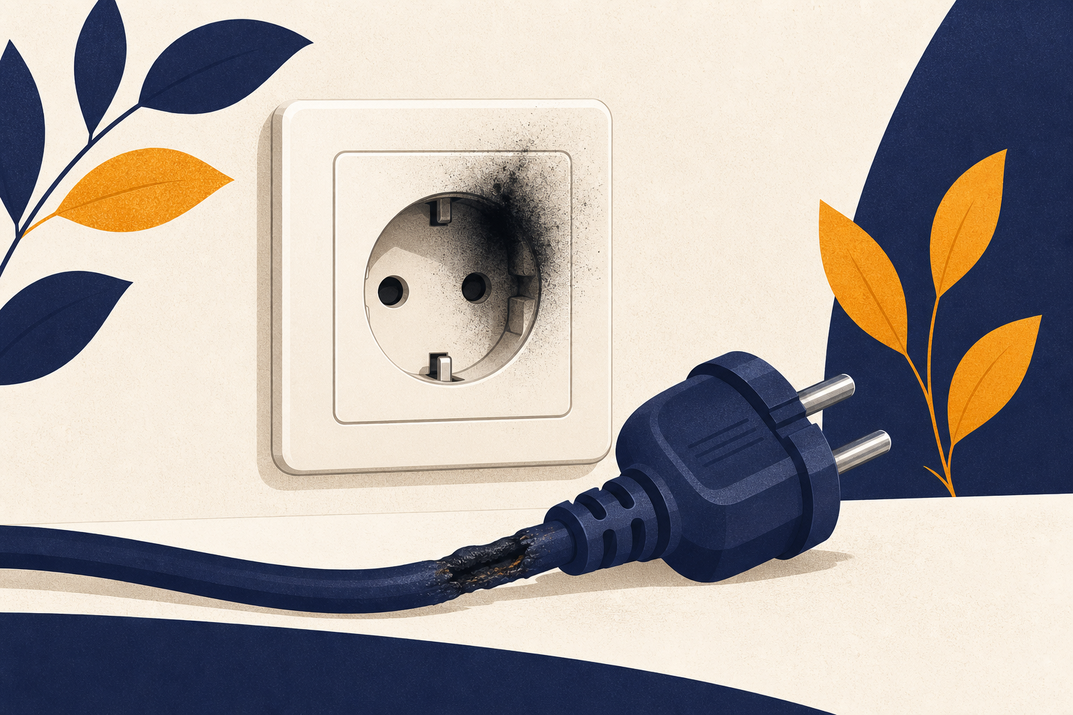 Damaged appliance plug with scorch marks near a wall socket