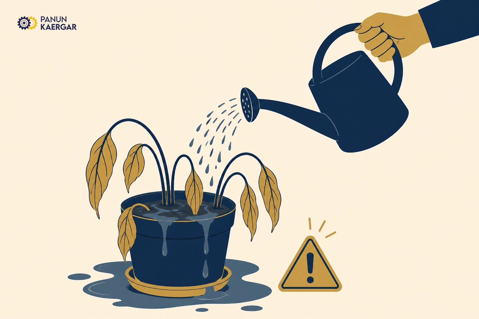Watering can pouring onto drooping plant with already soggy soil surface