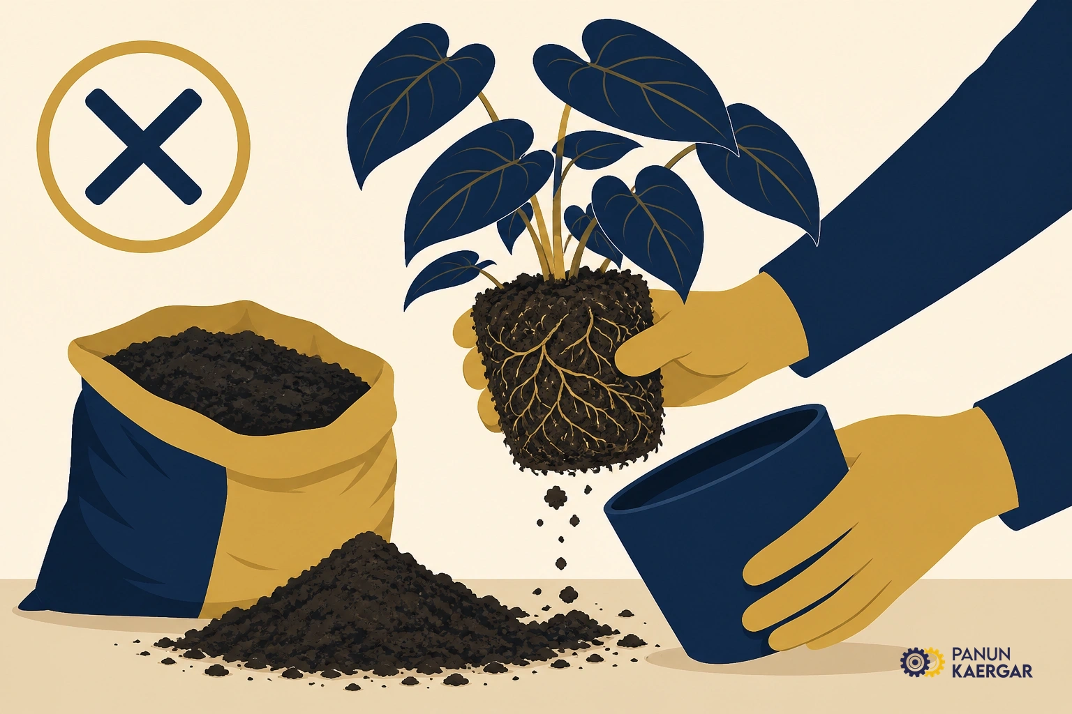 Bag of heavy garden soil repotted into indoor plant pot without perlite