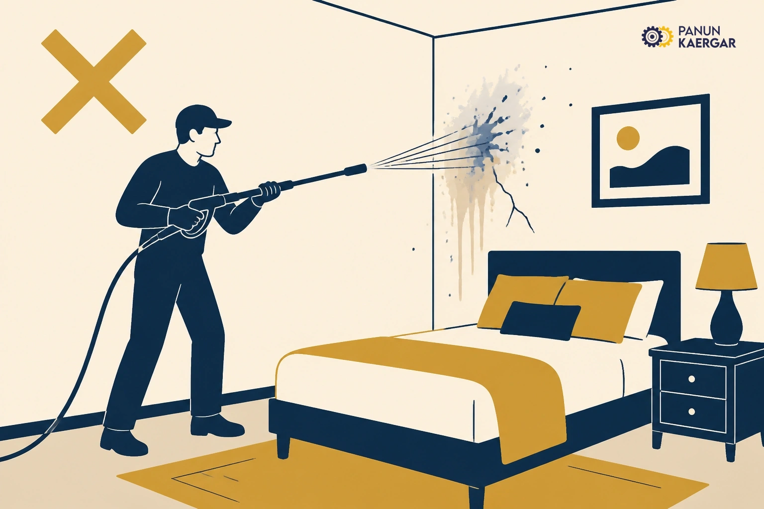 Pressure washer aimed at interior bedroom wall