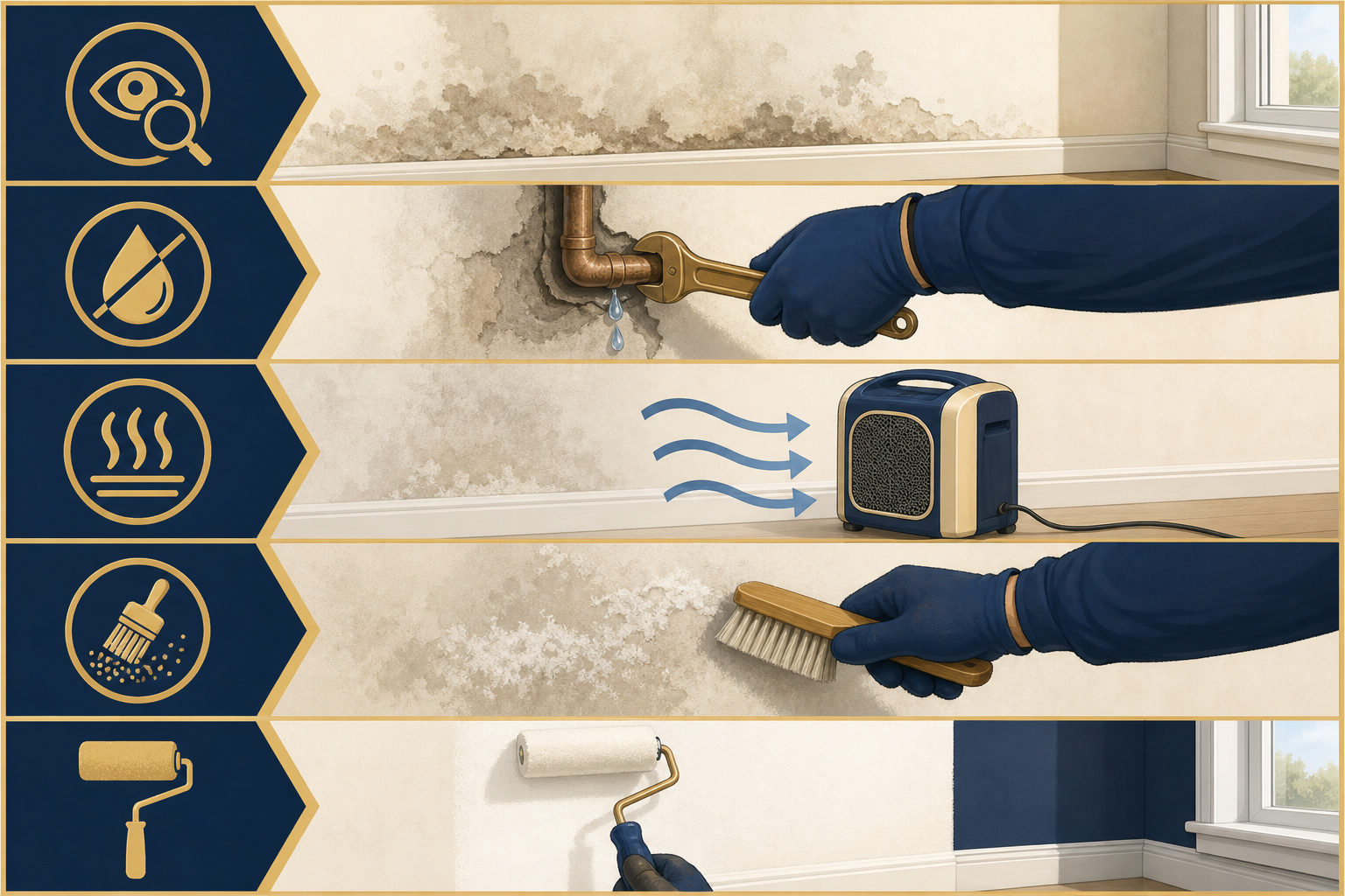Five-step method ladder for damp wall