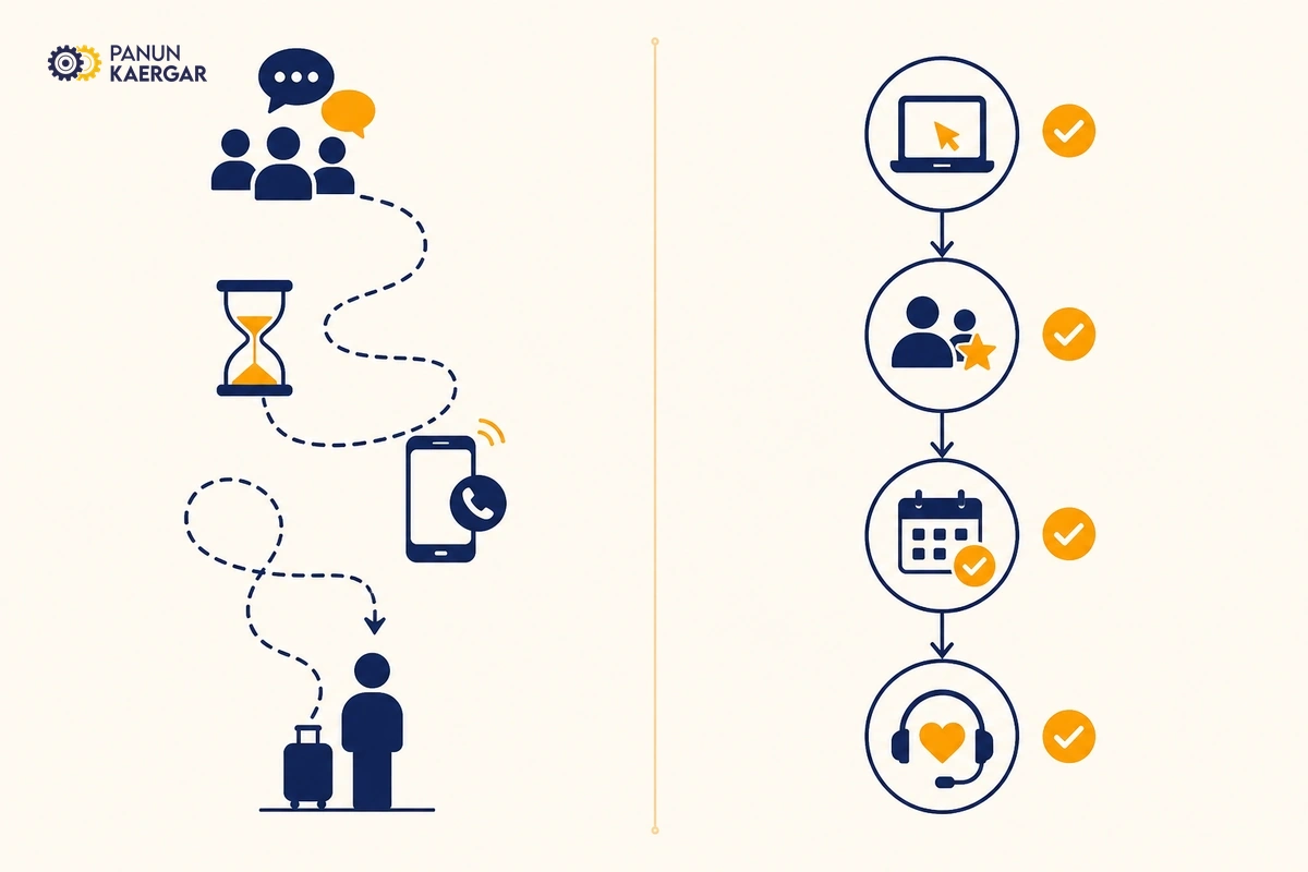 Comparison flow of traditional local booking versus Panun Kaergar
