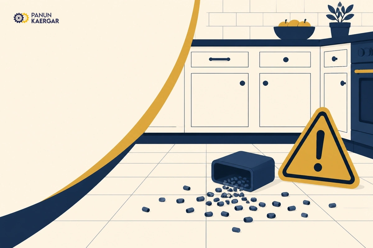 Loose rat poison pellets scattered across kitchen floor