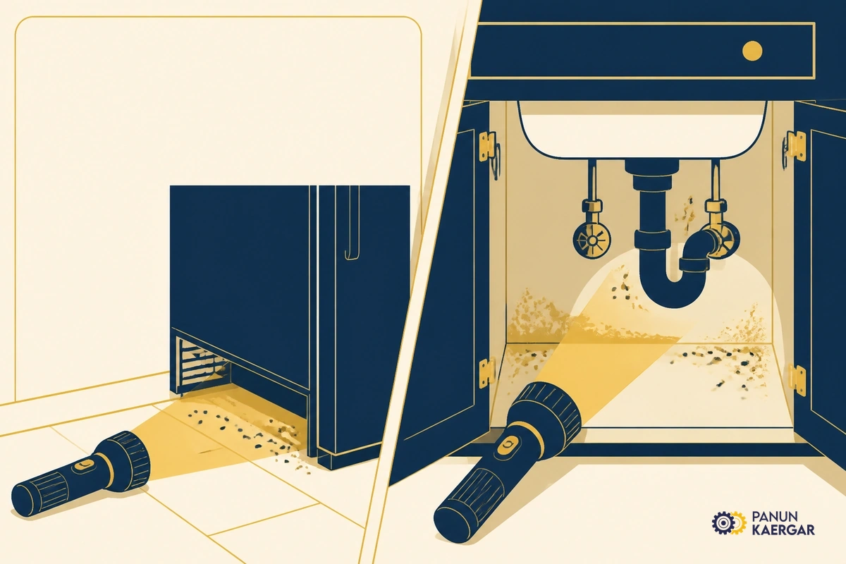 Inspect with a torch after dark — Check behind the fridge, under the sink, along skirting, and near ceiling access panels...