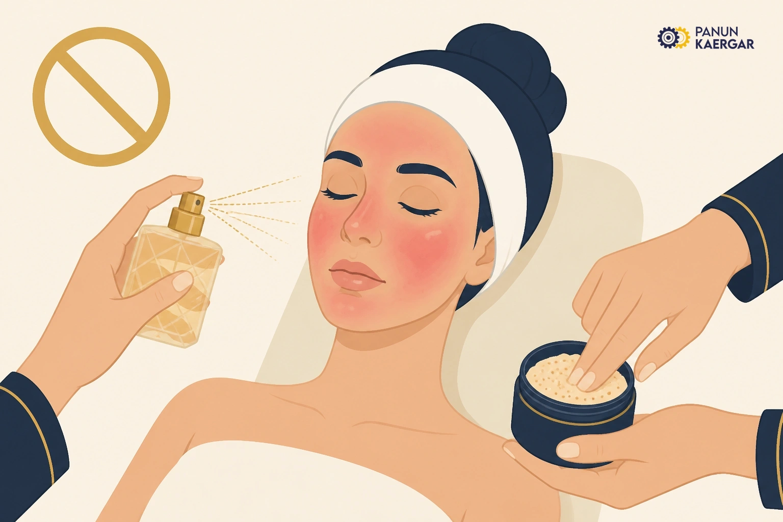 Perfume and scrub applied over red post-facial skin
