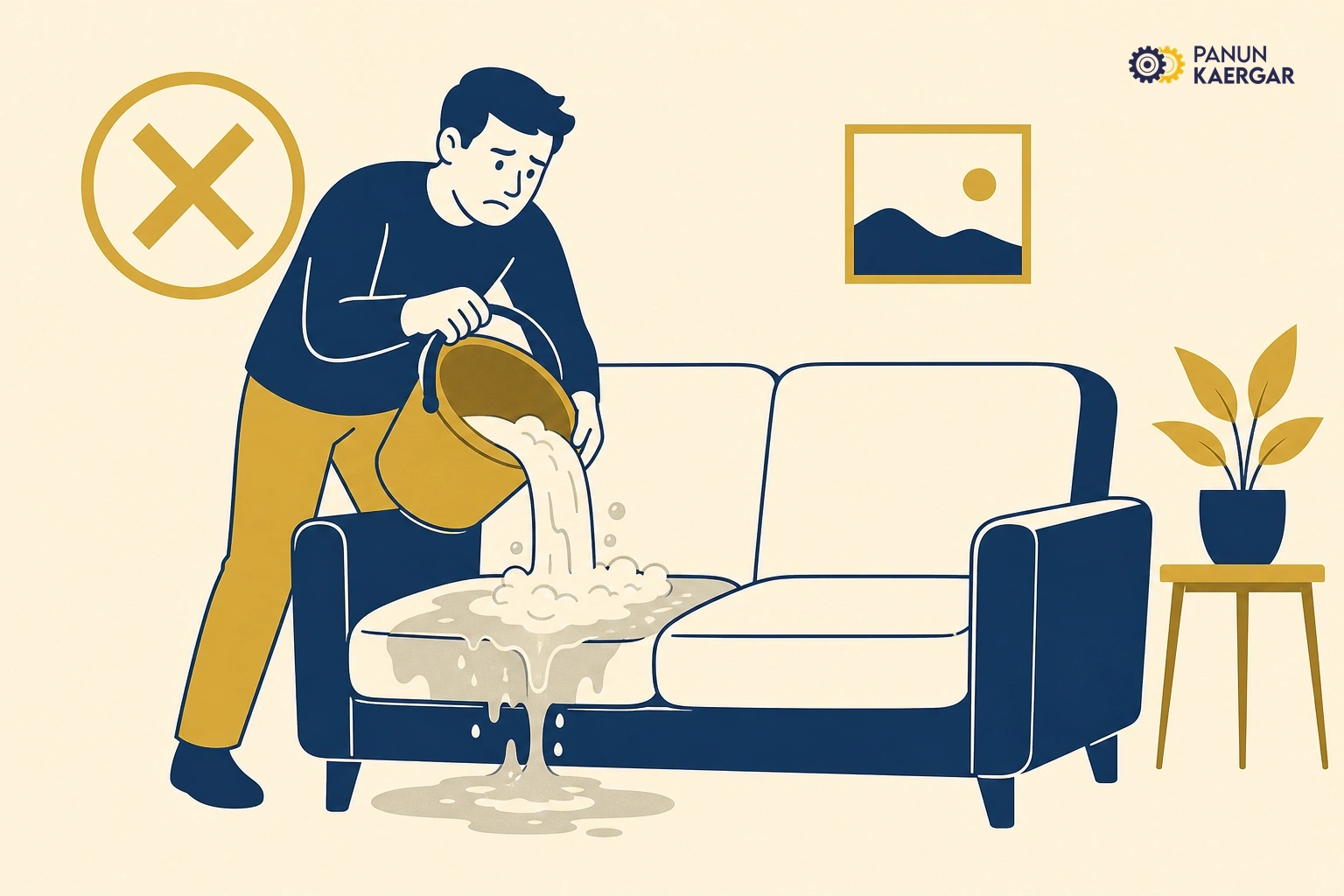 Person soaking sofa cushion with bucket of soapy water until foam is drenched