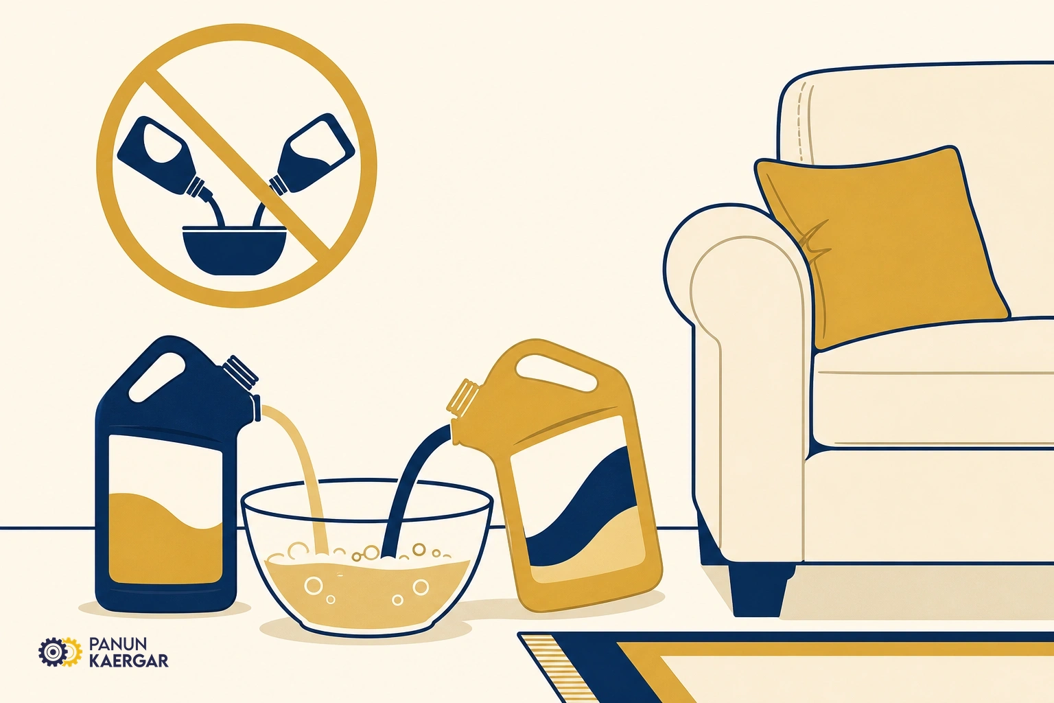 Two upholstery cleaner bottles mixed in a bowl beside a sofa