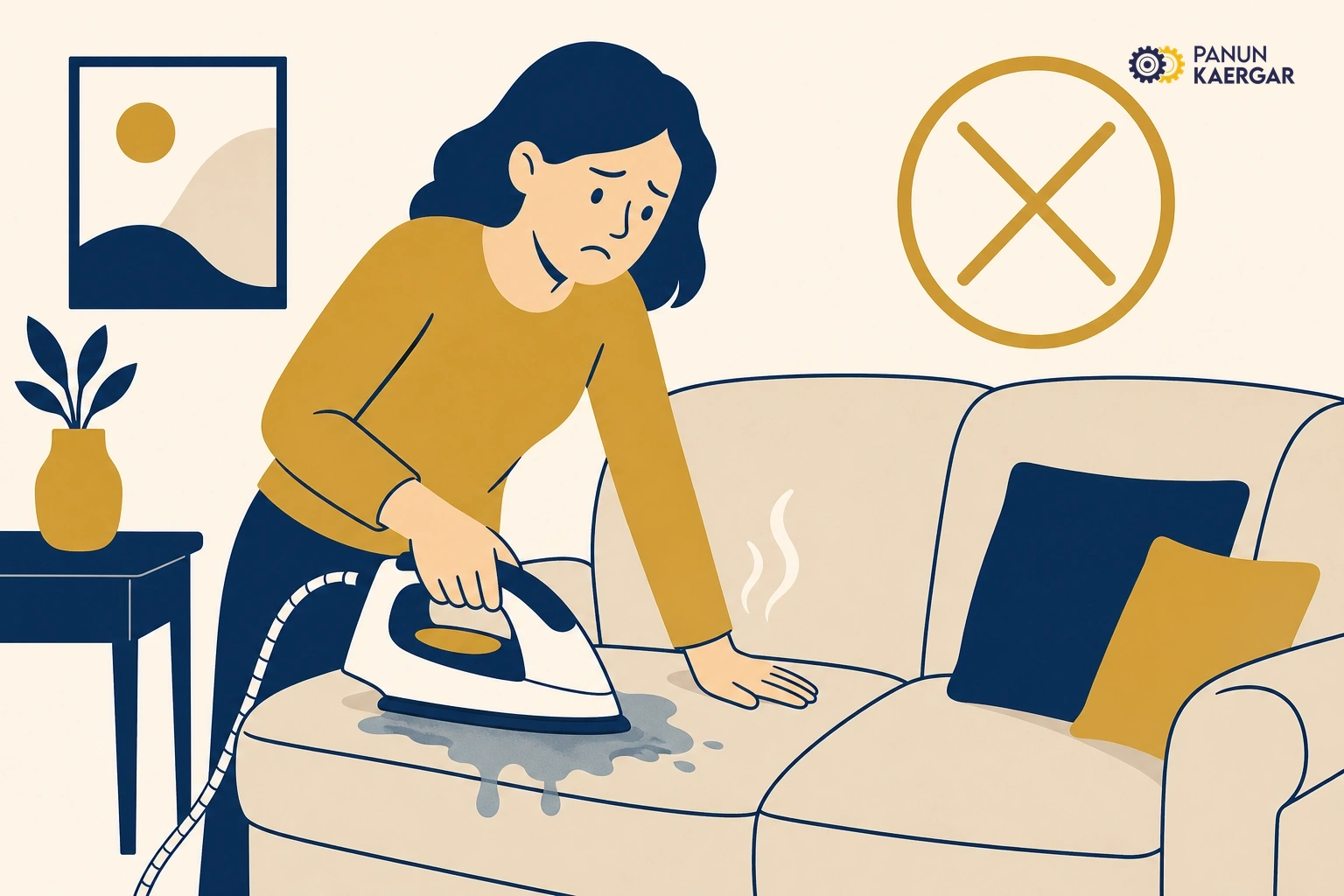 Clothes iron pressed onto wet stain on sofa fabric