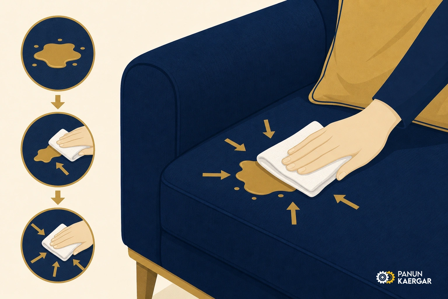 Blot fresh spills only — Press from the edge inward with a white cloth; do not scrub