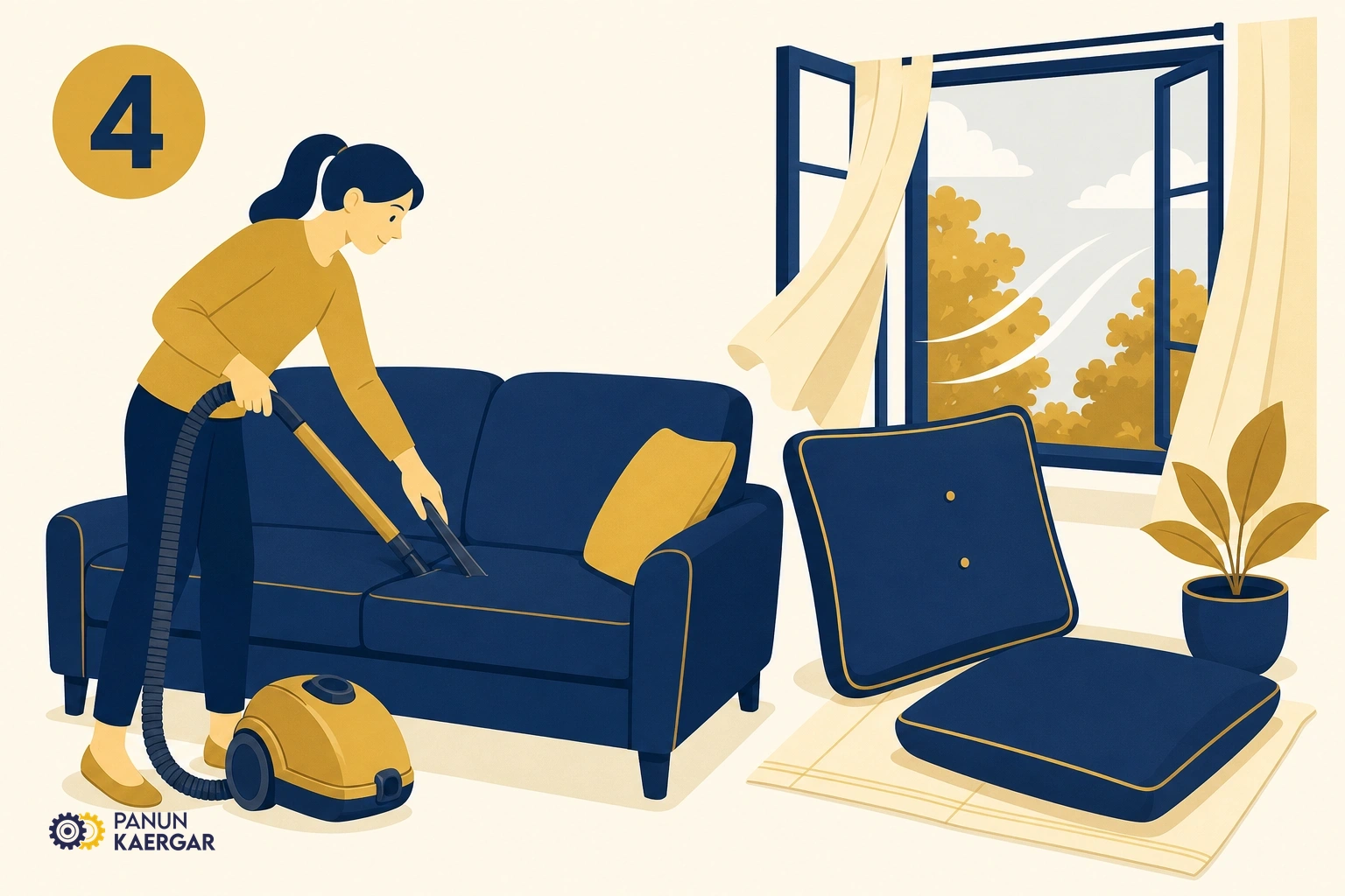 Air and vacuum — Vacuum crevices and give cushions airflow before assuming chemical cleaning