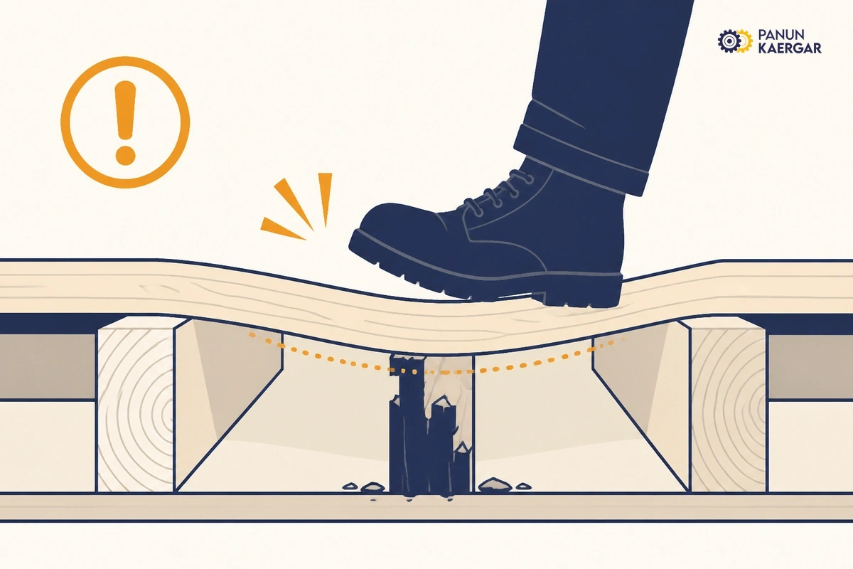 Foot pressing soft bouncing floorboard that dips between joists