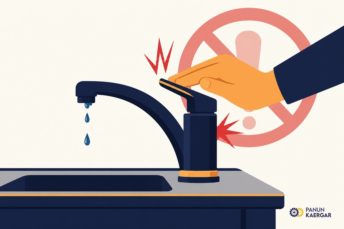 Hand forcing kitchen tap handle closed with dripping spout