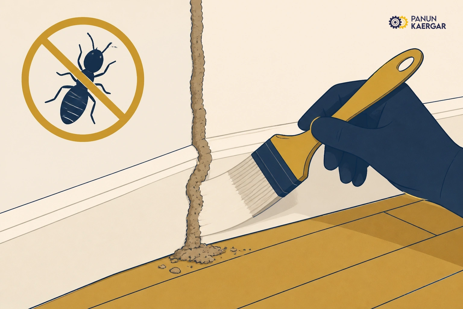 Paint brush covering termite mud tube on skirting
