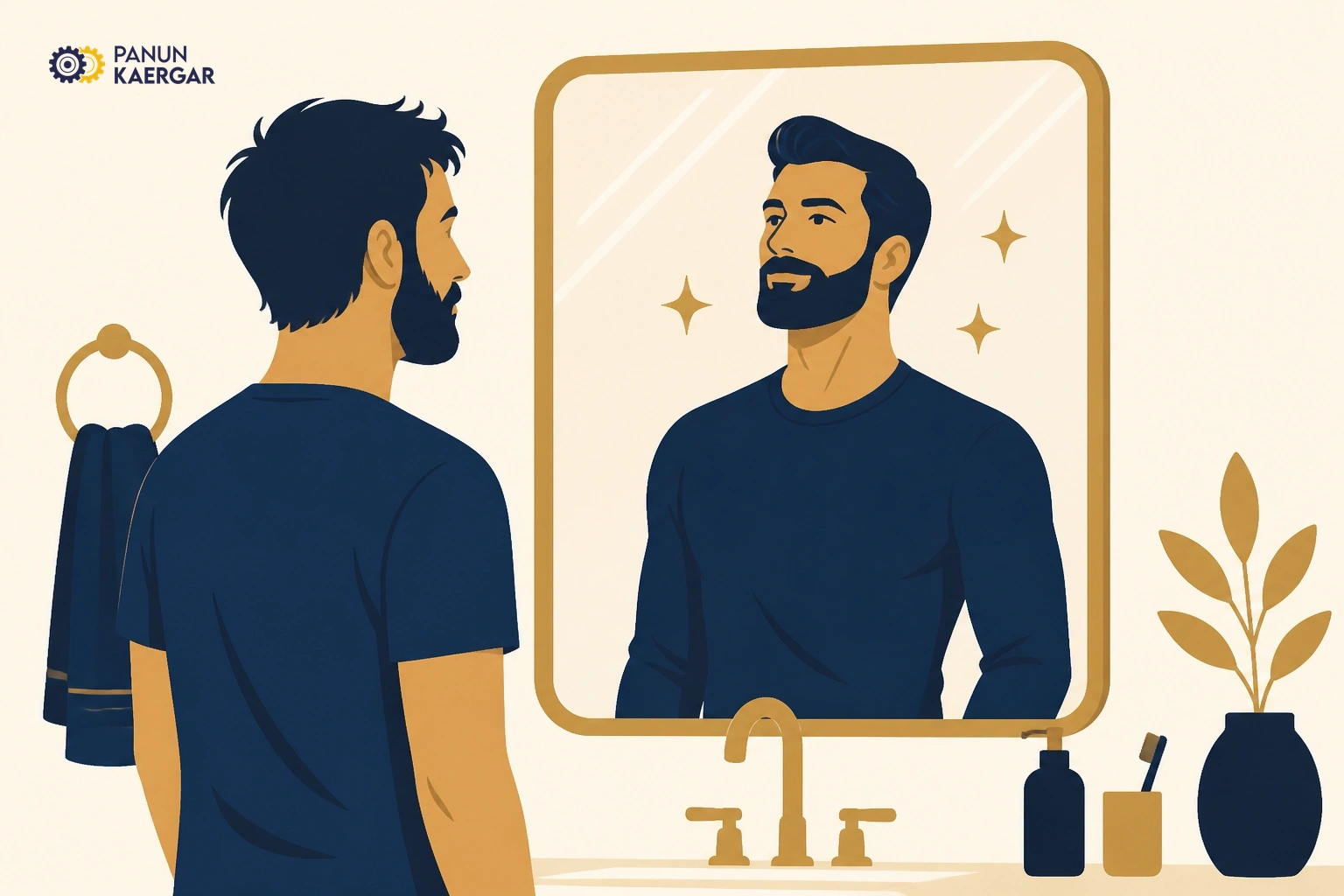 Man comparing beard in mirror to filtered phone photo