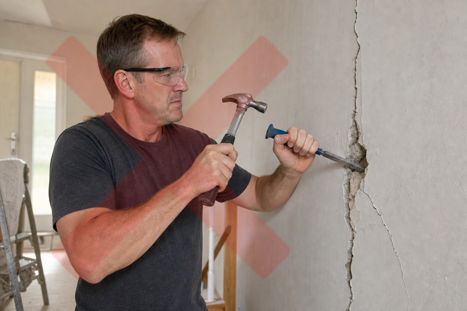 Unsafe attempt to chisel open a cracked wall