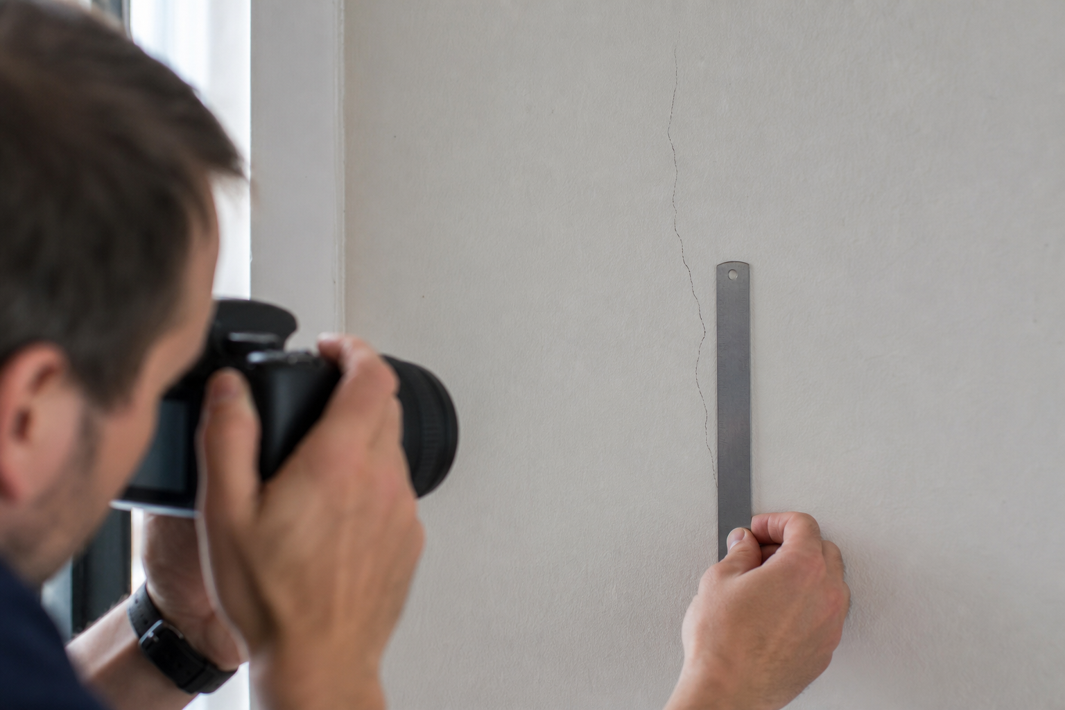 Person photographing a fine wall crack beside a ruler