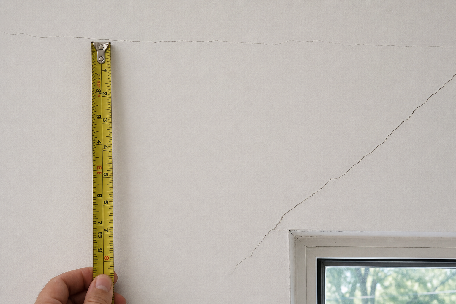 Wall crack patterns near a window being checked with a tape measure