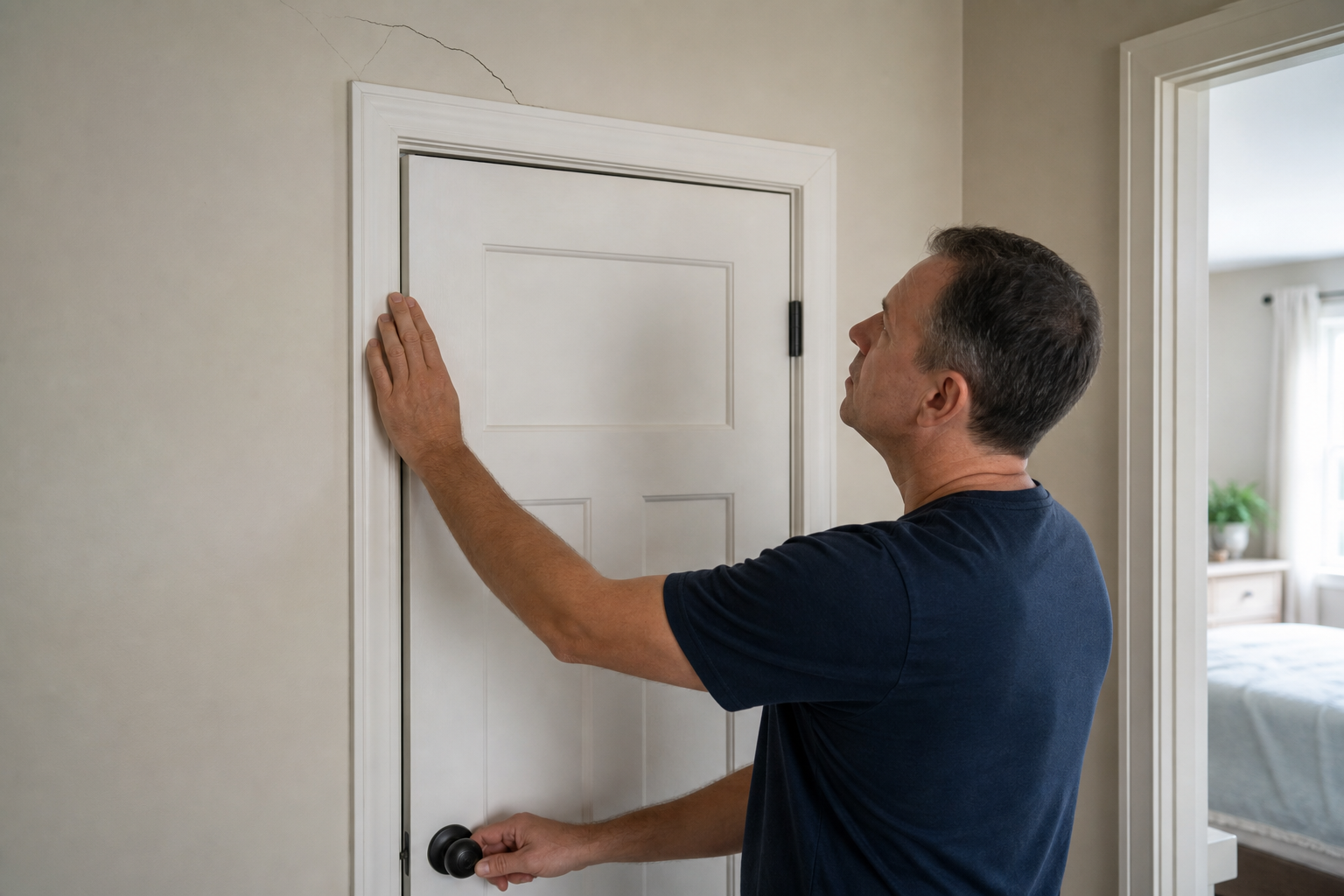 Homeowner checking a door frame near a crack for movement clues