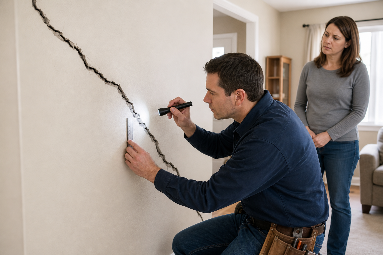 Qualified mason inspecting a wide diagonal wall crack