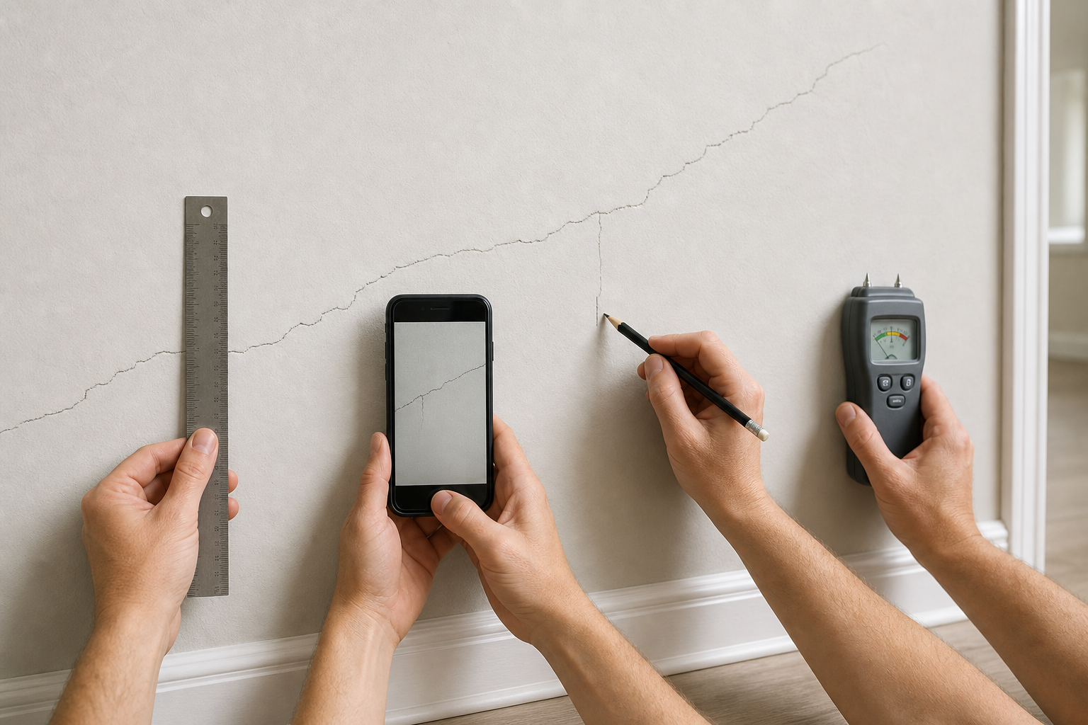 Tools used to record and assess a wall crack safely