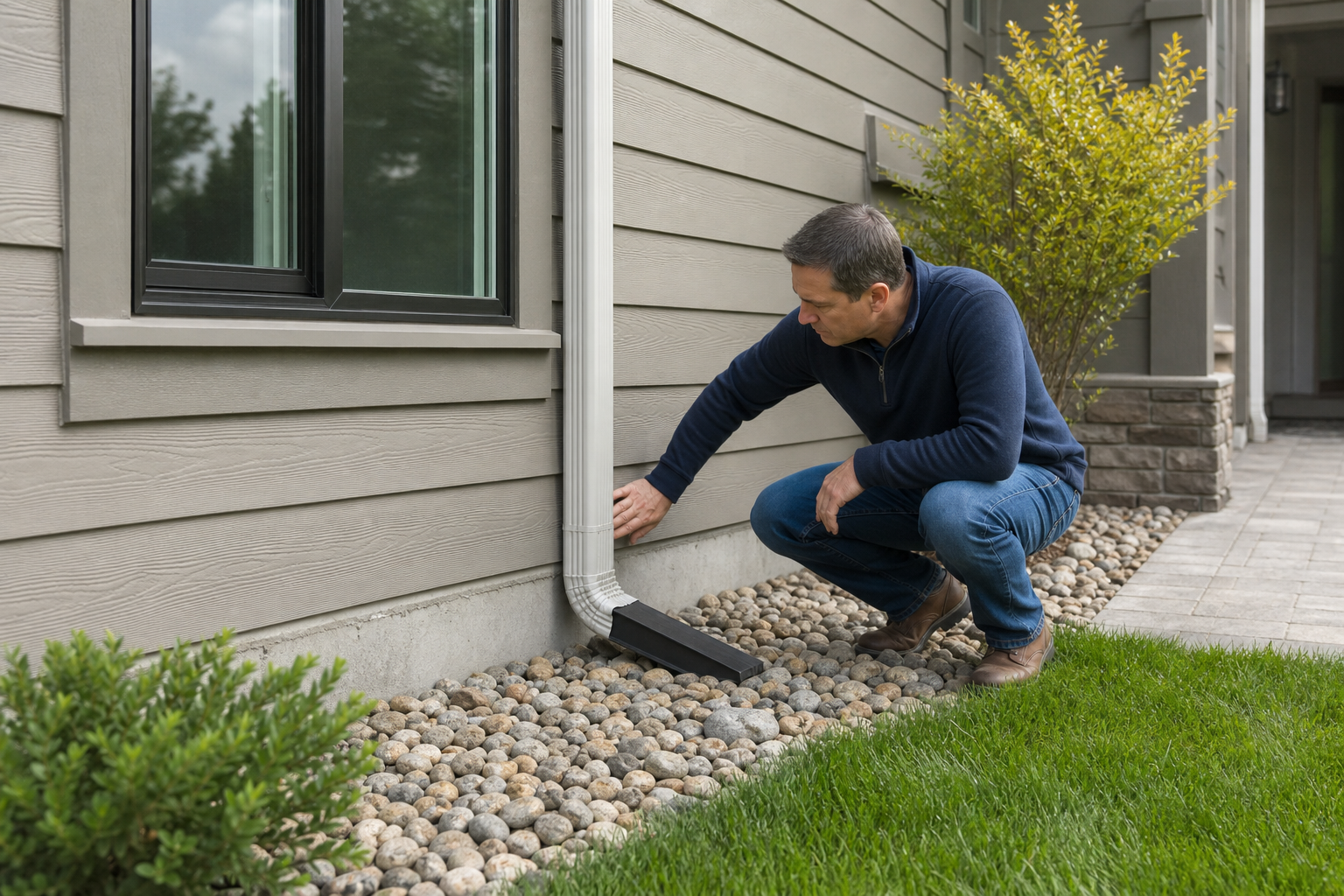 Homeowner checking drainage and exterior wall maintenance