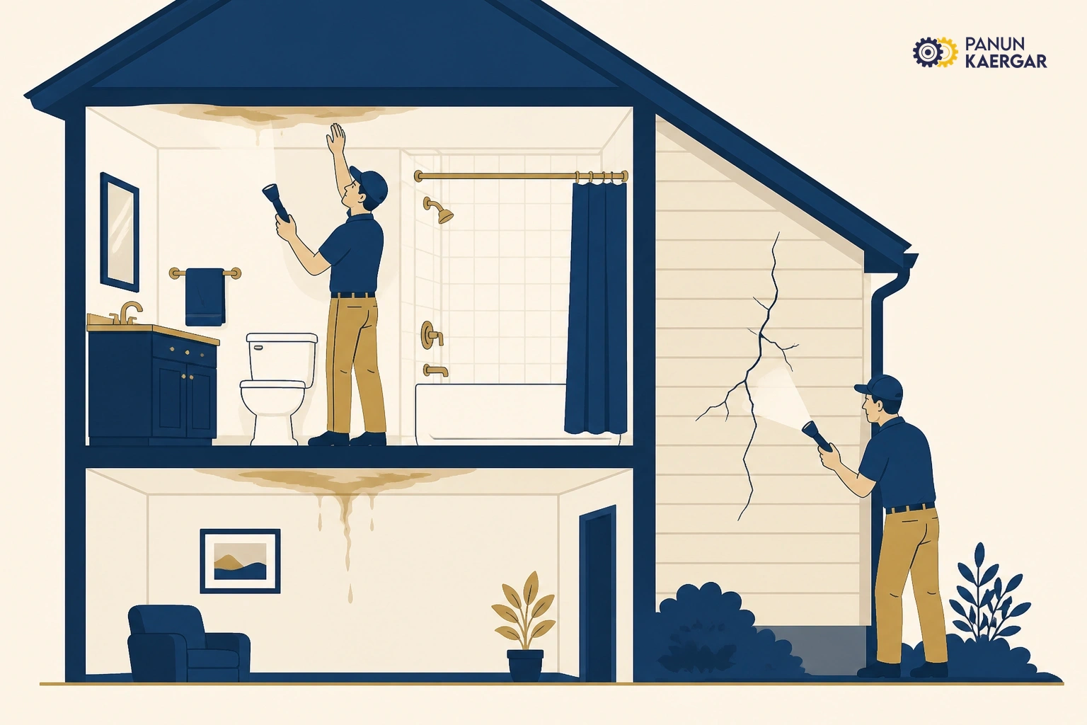 Check upstairs and outside — Inspect bathrooms, windows, roof edges, and exterior cracks