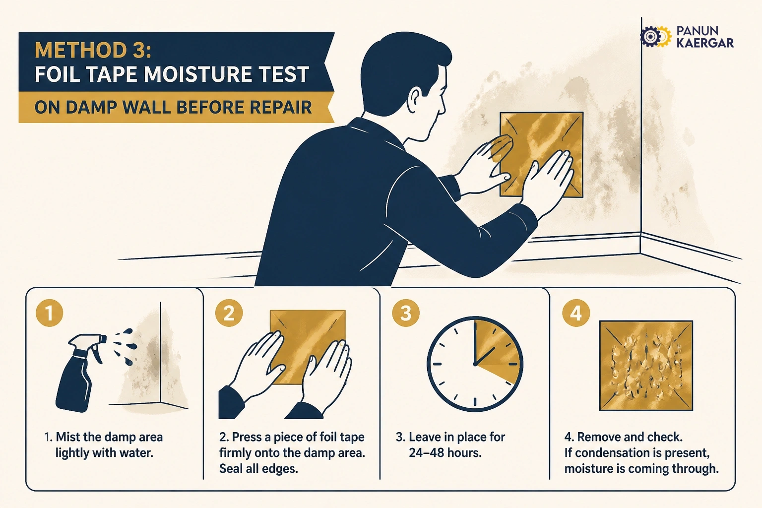 Test for active moisture — A foil tape test or moisture meter helps confirm whether the wall is still wet