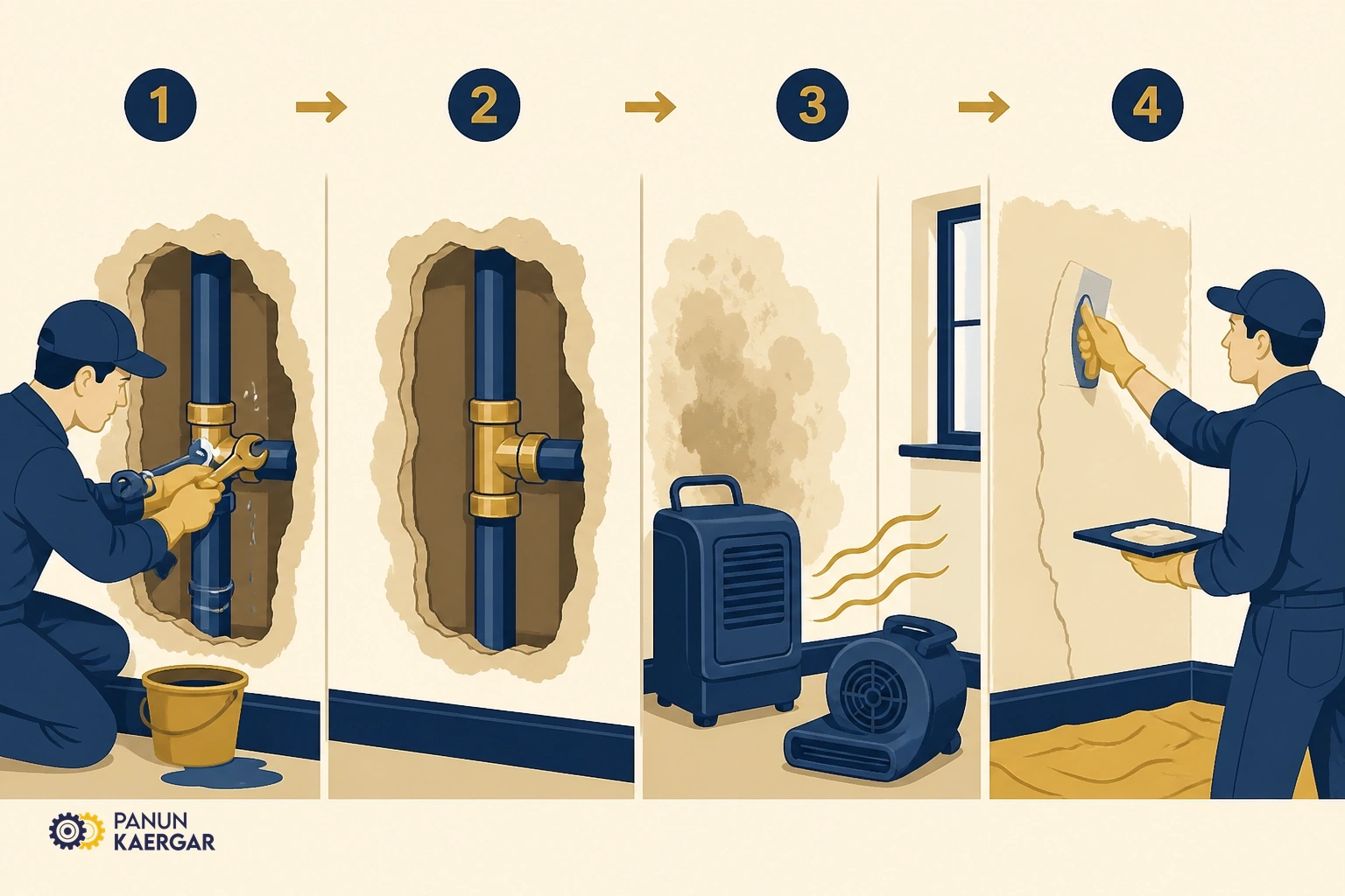 Fix the source and dry — Repair plumbing or exterior entry and allow real drying time