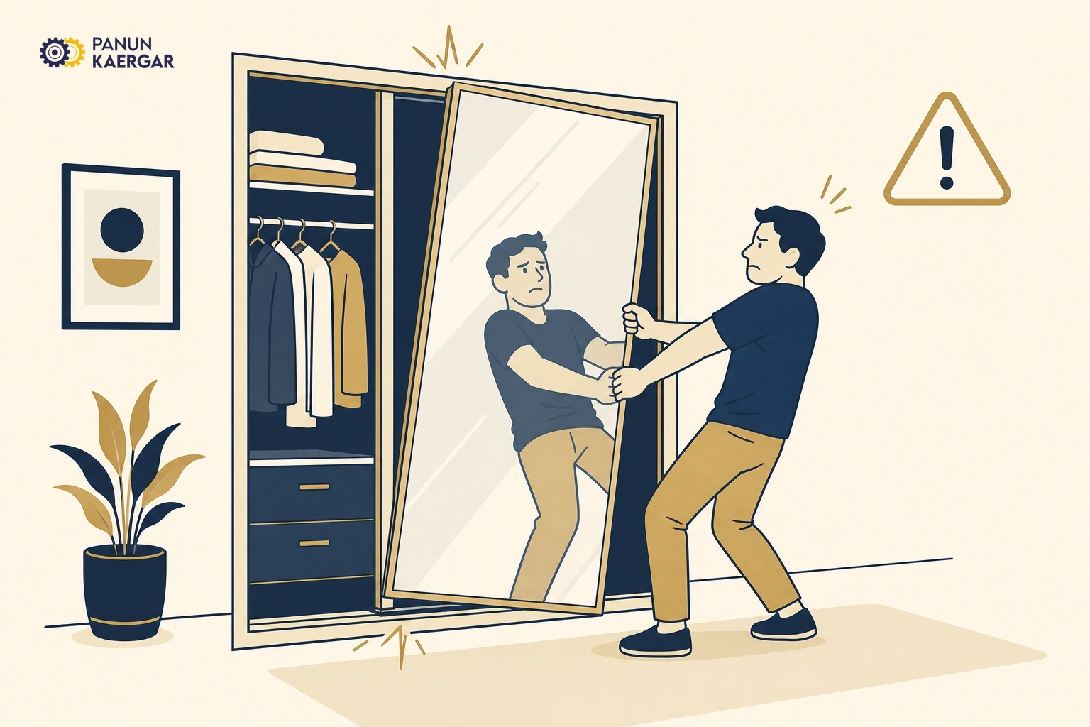 Person yanking a stuck mirrored wardrobe sliding door by one edge