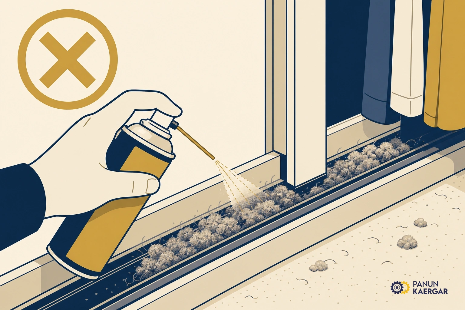 Spray can squirting oil into a wardrobe track packed with dust and clothing fibres