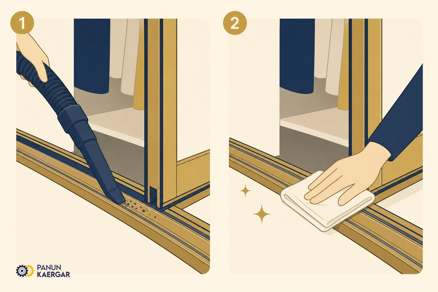 Clean the track — Vacuum the channel and wipe with a dry cloth; do not flood it with oil